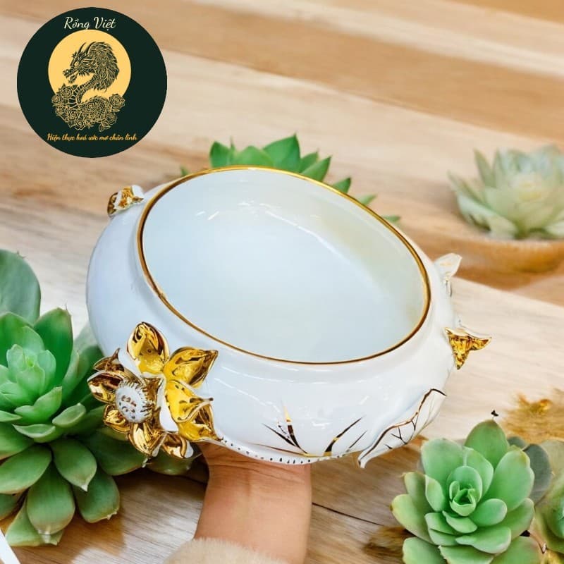 Bát thả hoa bạch ngọc RỒNG VIỆT, bát minh đường sứ trắng dát vàng cao cấp, độc đáo và sang trọng.