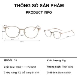 Gọng kính cận thời trang nam nữ NARO EYEWEAR dáng oval chống tia UV chất liệu titanium cao cấp - 39AD05 7
