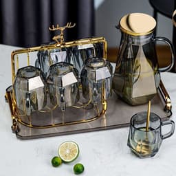 Bộ Bình Cốc Thủy Tinh Chịu Nhiệt Họa Nhám Sần 1L5 + 6 Cốc 260ML Có Viền Vàng 4