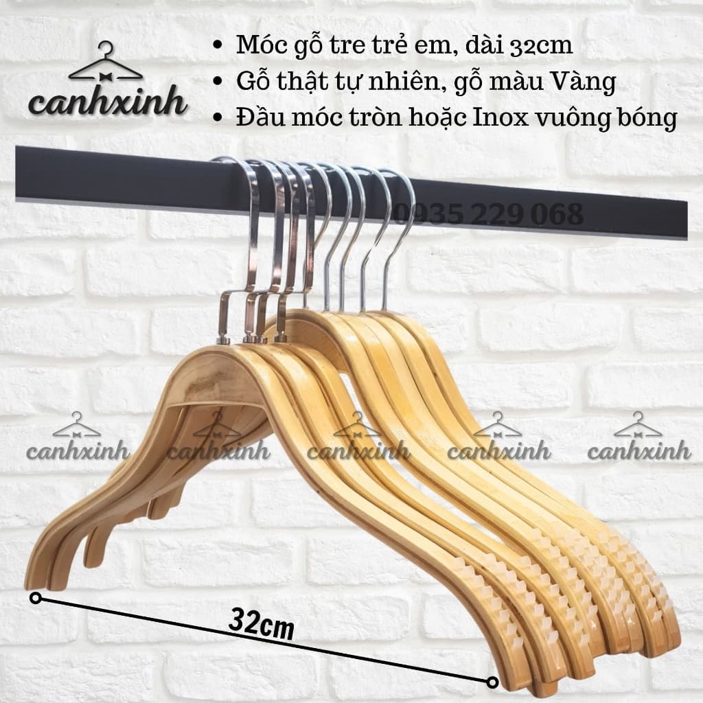 (COMBO 10 CÁI) Móc Treo Quần Áo Gỗ Vàng Trẻ Em, Móc Gỗ Tre Có Đệm Vai Chống Trượt