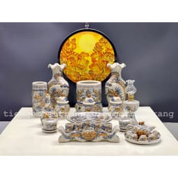 Bộ Đồ Thờ Cúng Men Rạn Đắp Nổi Hoạ Tiết Rồng- đồ thờ cúng gia tiên thổ công bàn thờ thần tài gốm sứ Bát Tràng 2