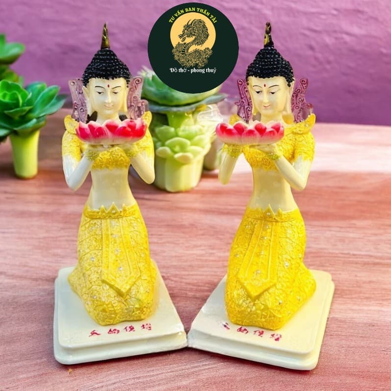 Tượng tiên nữ thắp đèn Rồng Việt, Cô tiên thái màu sắc, cao 16cm.