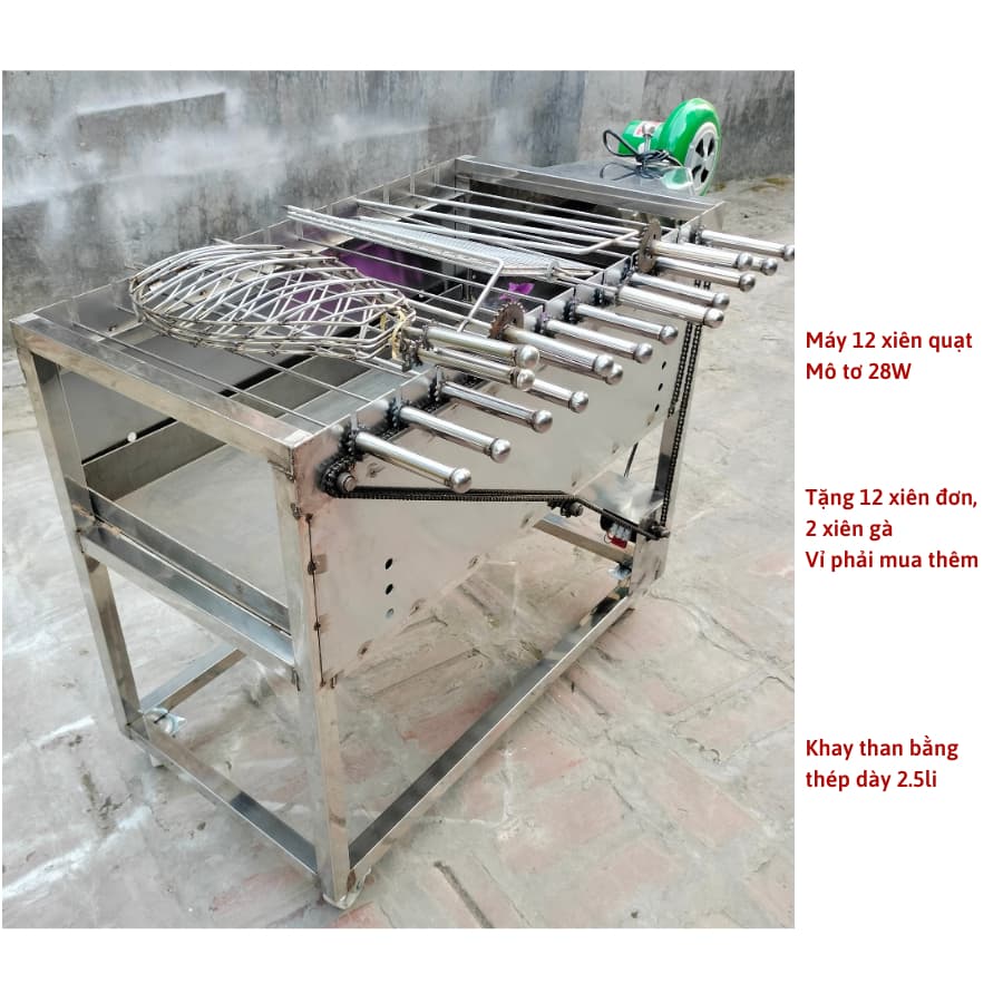 Máy nướng thịt chả mini Lò quay gà vịt mô tơ tự động bếp nướng than hoa inox 10xiên (kèm 10 xiên đơn và 2 xiên  gà)