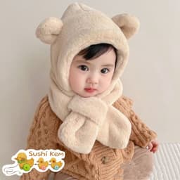 Mũ Trẻ Em Lông Xù Hình Gấu Shushi Liền Khăn Quàng – Mũ Giữ Ấm Mùa Đông Cho Bé 1–5 Tuổi, Chất Lông Mềm Dày, Nhiều Màu Dễ 9