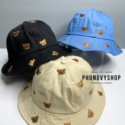 Bé 2-3Tuổi/Vđ 50cm_Mũ bucket tai bèo vành cực dễ thương gái trẻ em phungvyshop-nón BO KAKI MÚI THÊU GẤU NÂU HẾT MŨ 1