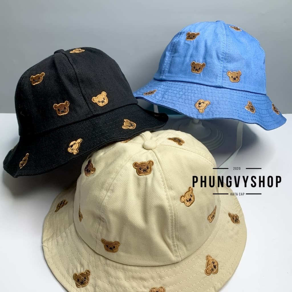 Bé 2-3Tuổi/Vđ 50cm_Mũ bucket tai bèo vành cực dễ thương gái trẻ em phungvyshop-nón BO KAKI MÚI THÊU GẤU NÂU HẾT MŨ