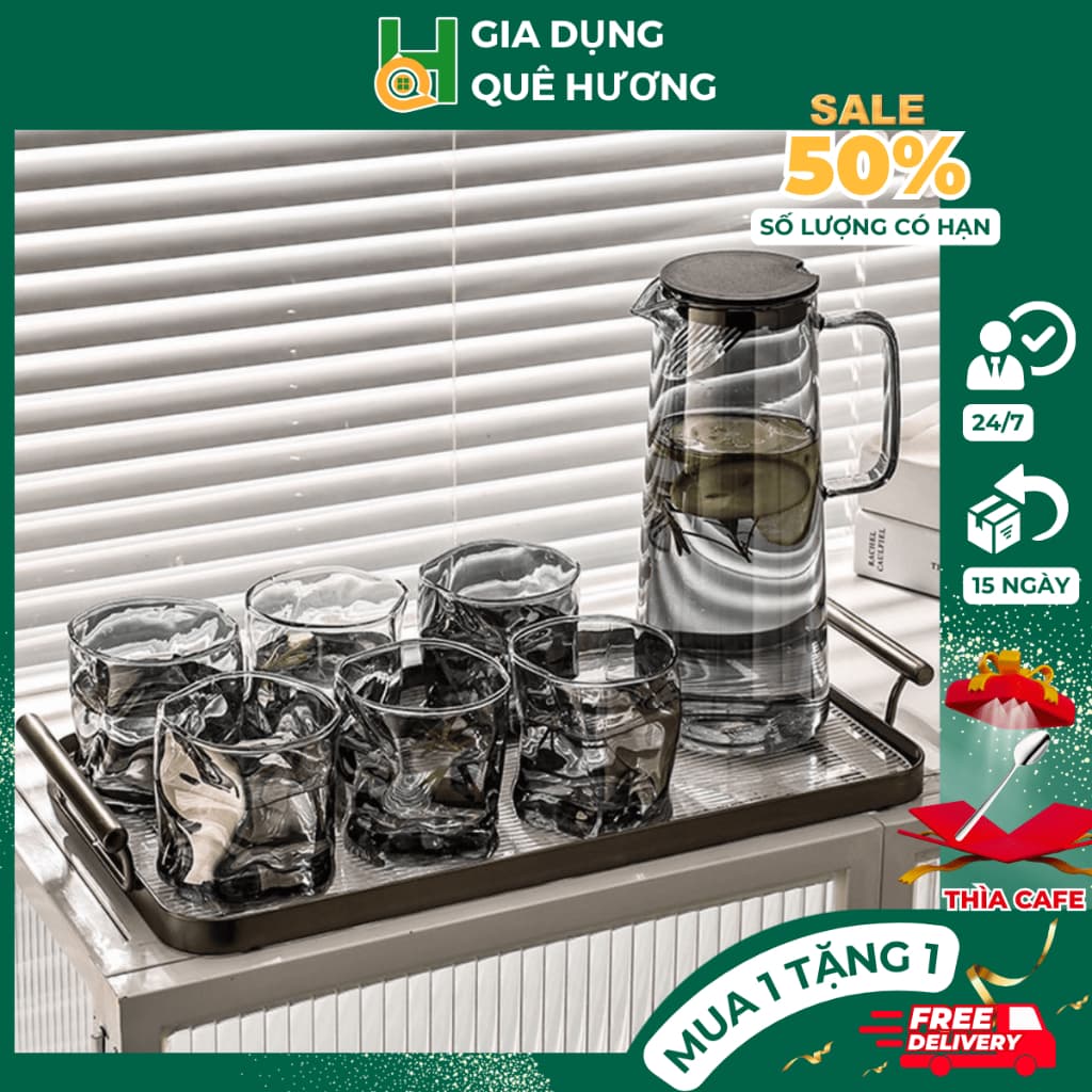 Bộ Cốc Bình Thuỷ Tinh Siêu Đẹp Họa Tiết Bình Trơn Cốc Xoắn Dung Tích 1500ml_M04