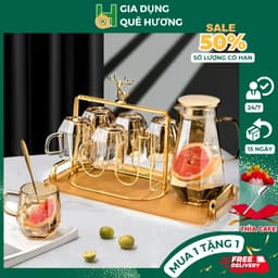 Bộ Bình + 6 Ly Thuỷ Tinh Có Quai Dáng Kim Màu Hổ Phách Có Tặng Kèm Khay - Bộ Bình Cốc Borosilicate Siêu Nhẹ Chịu Nhiệt 1