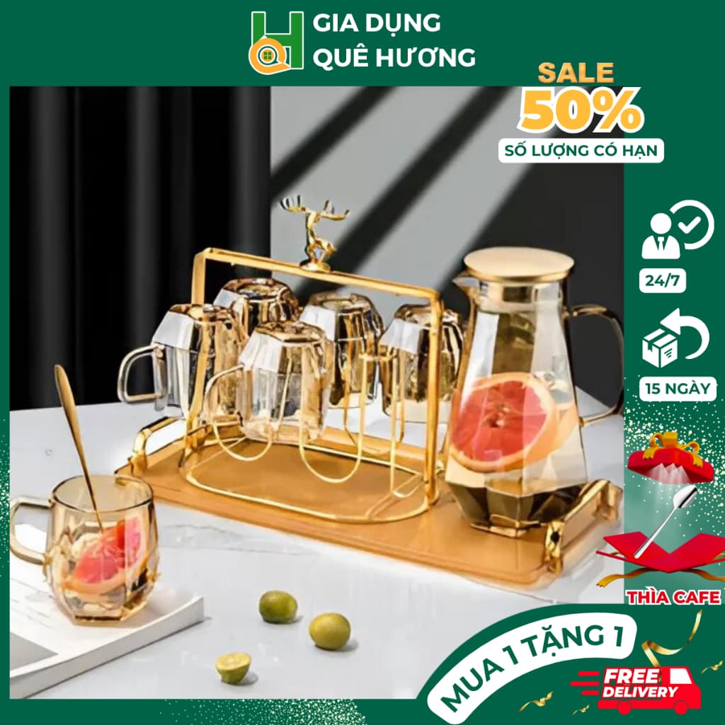 Bộ Bình + 6 Ly Thuỷ Tinh Có Quai Dáng Kim Màu Hổ Phách Có Tặng Kèm Khay - Bộ Bình Cốc Borosilicate Siêu Nhẹ Chịu Nhiệt