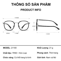 Gọng kính cận thời trang nam nữ ANDU EYEWEAR dáng vuông bo tròn chống UV chất liệu kim loại 21100 9