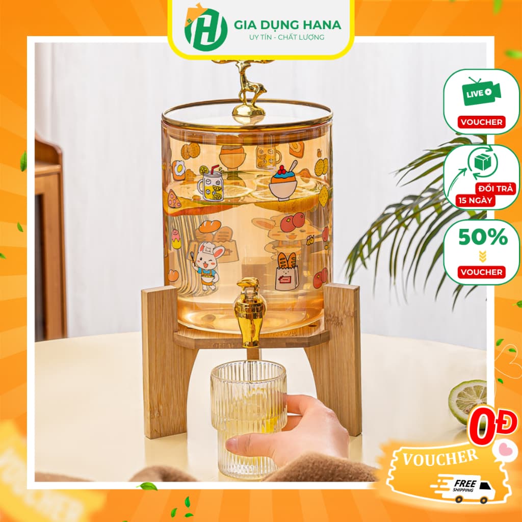 Bình Nước Thuỷ Tinh Có Vòi Kèm Kệ Gỗ Họa Tiết Đáng Yêu Dung Tích 2,5L Và 3,5L M55