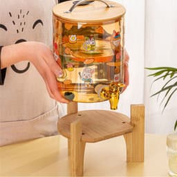 Bình Nước Thuỷ Tinh Có Vòi Kèm Kệ Gỗ Họa Tiết Đáng Yêu Dung Tích 2,5L Và 3,5L M55 5