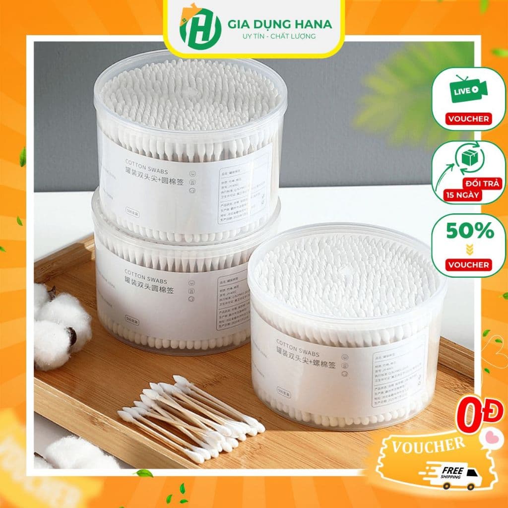 Hộp 500 Tăm Bông Ngoáy Tai Thân Gỗ Người Lớn 2 Đầu Vệ Sinh Tai Đa Năng An Toàn Tiện Lợi M154