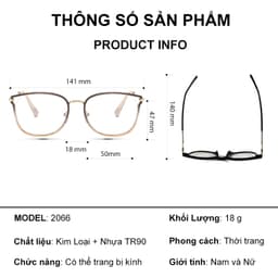 Gọng kính cận thời trang nữ ANDU EYEWEAR đáng vuông cánh tiên chất liệu kim loại - 2066 9