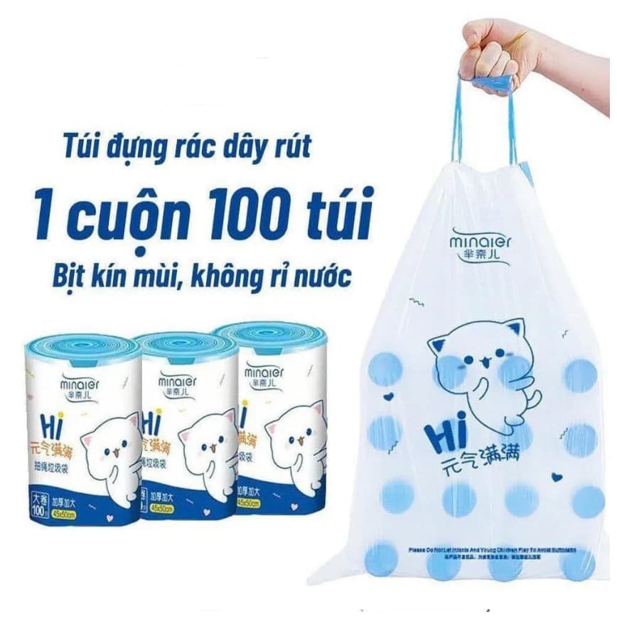 Cuộn 100 Túi Đựng Rác Minaier Tự Phân Hủy Có Dây Rút Chịu Lực Tốt, Không Gỉ Nước VH929