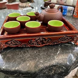 Khay Trà thần tài, tượng điêu khắc giả gỗ cực đẹp và sang trọng, Khay đựng ấm chén đẹp 5