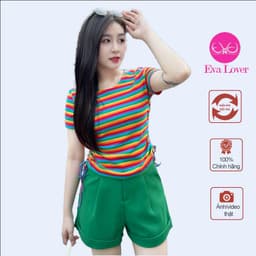Áo phông nữ họa tiết kẻ sọc ngang phối nhún sườn chất cotton co giãn mềm mịn Evalover AP2024224 1