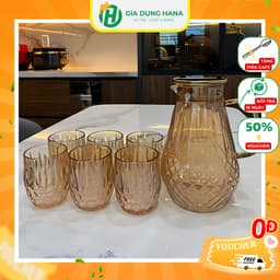 Bộ Bình Cốc Thuỷ Tinh Chịu Nhiệt Hana Họa Tiết Kim Cương 6 Cốc Nước Vip Vàng Cao Cấp Sang Trọng M06 2