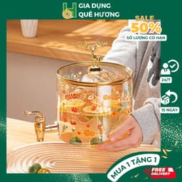 Bình Thuỷ Tinh Đựng Nước Có Vòi Cao Cấp Hoạ Tiết Hoạt Hình Dễ Thương Có Nắp Đậy Tặng Kèm Kệ Gỗ 2,6L Và 3,5L_M55 2