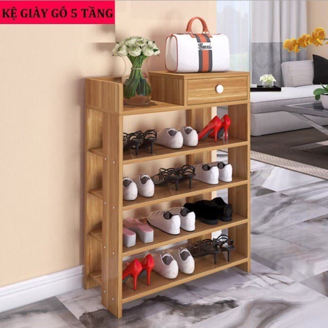 Kệ Giày Dép Gỗ 5 Tầng Có Ngăn Kéo và Kệ Gỗ Tiện Dụng 5 Tầng cao 1M2