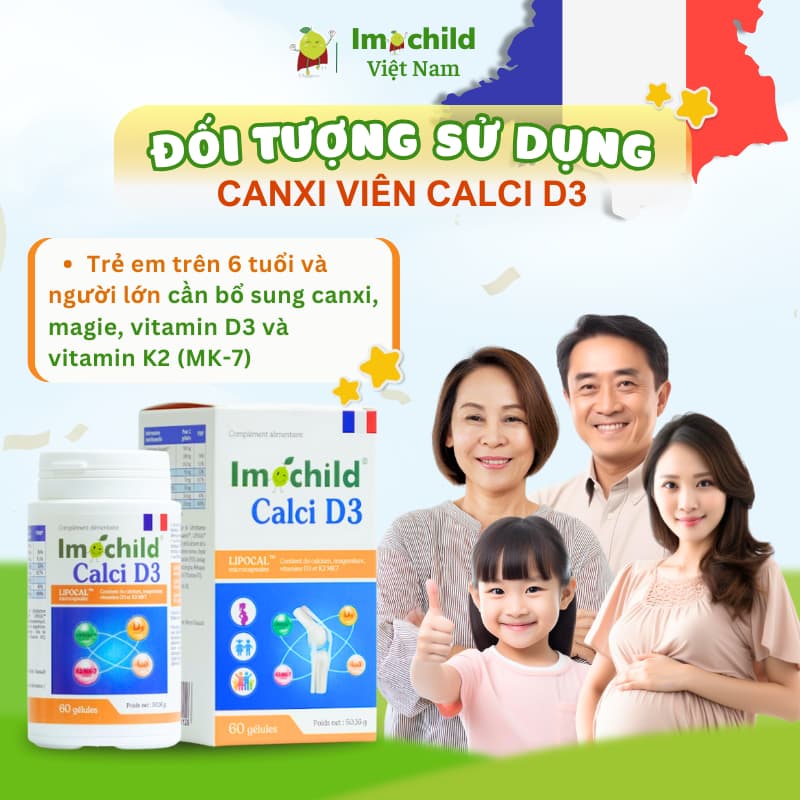 imochild Calci D3, Canxi sinh học dạng viên cho trẻ từ 6 tuổi ,Canxi cho bà bầu Hộp 60 viên