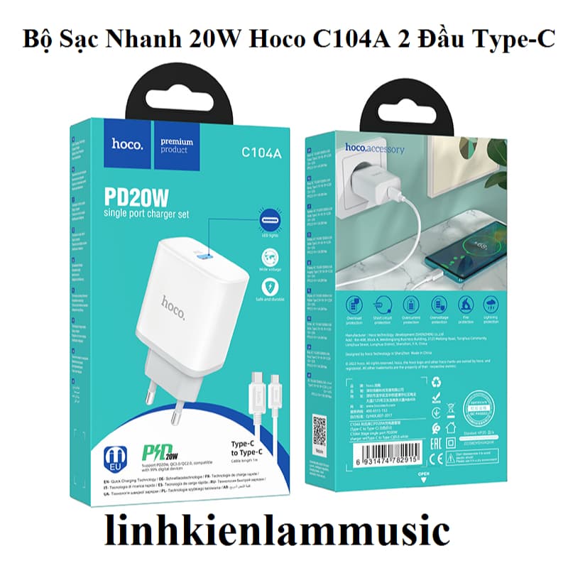 Bộ Sạc/ Cóc/ Củ Nhanh 20W Hoco C104A Type-C/ Li@ght@ning và Cáp sạc 20W Hoco X56 dây dù