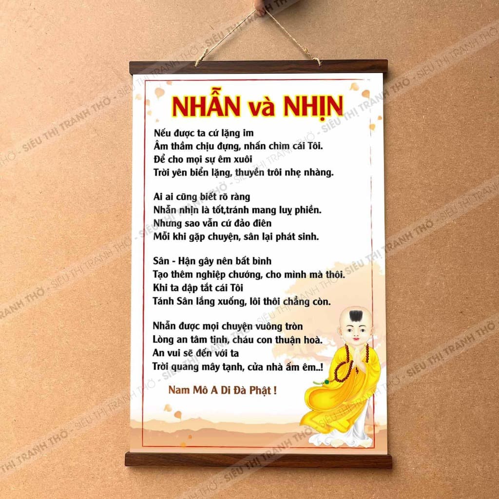 Tranh chữ Nhẫn Và Nhịn treo tường nẹp gỗ 40x60cm bằng vải phủ bóng cao cấp dày dặn