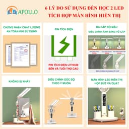 Đèn học chống cận để bàn Apollo, 2 thanh LED pin tích điện 10.000mAh, có đồng hồ quạt & đựng bút 6