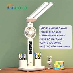 Đèn học chống cận để bàn Apollo, 2 thanh LED pin tích điện 10.000mAh, có đồng hồ quạt & đựng bút 2