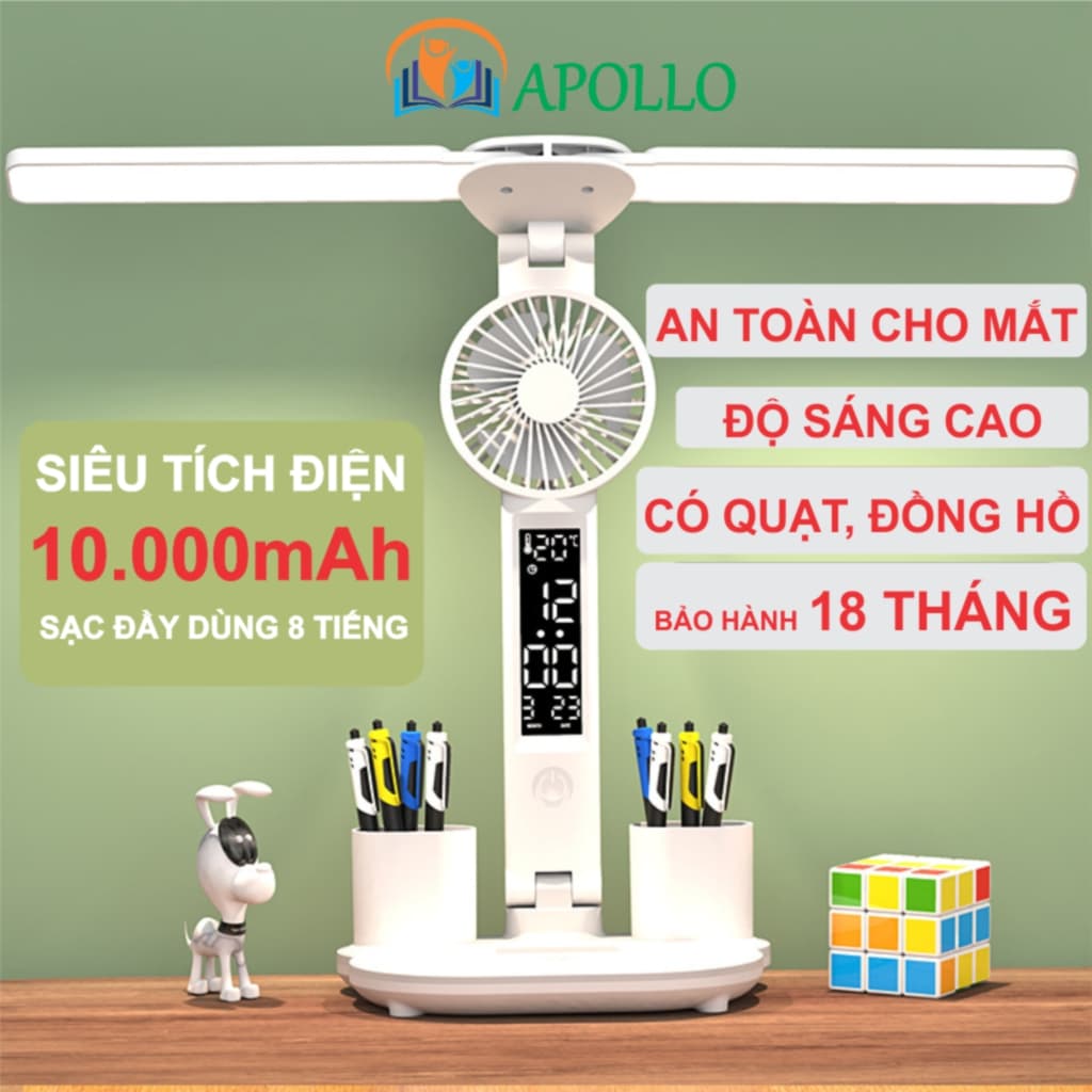 Đèn học chống cận để bàn Apollo, 2 thanh LED pin tích điện 10.000mAh, có đồng hồ quạt & đựng bút