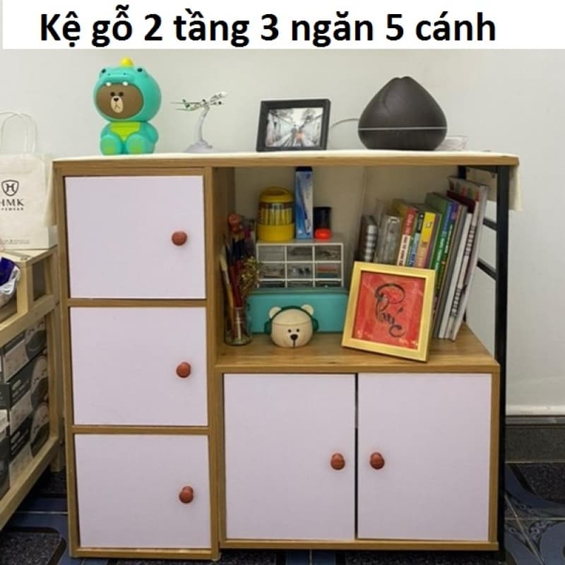 Kệ Gỗ 2 Tầng 3 Ngăn 5 Cánh và Kệ Lò Vi Sóng 2 Tầng 3 Ngăn Có Tủ (1 cửa)