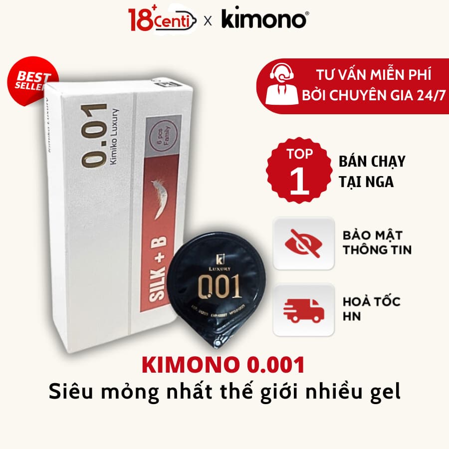 Bao Cao Su 0.01 Kimono Luxury siêu mỏng nhiều gel bôi trơn truyền nhiệt tốt hộp 6 cái chính hãng