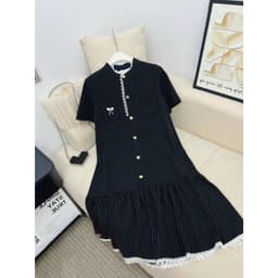 Đầm bầu thiết kế , Váy bầu Cổ Tàu Kẻ Sọc Xanh Than Viền Ren Thêu Nơ Túi Ngực soang chảnh 04 3