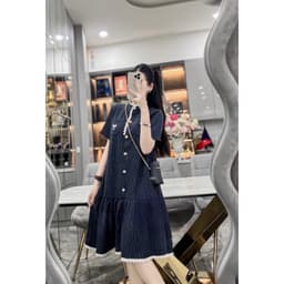 Đầm bầu thiết kế , Váy bầu Cổ Tàu Kẻ Sọc Xanh Than Viền Ren Thêu Nơ Túi Ngực soang chảnh 04 5