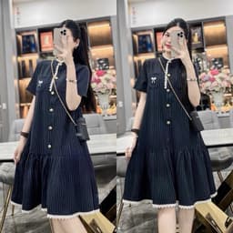 Đầm bầu thiết kế , Váy bầu Cổ Tàu Kẻ Sọc Xanh Than Viền Ren Thêu Nơ Túi Ngực soang chảnh 04 2