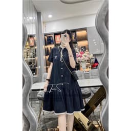 Đầm bầu thiết kế , Váy bầu Cổ Tàu Kẻ Sọc Xanh Than Viền Ren Thêu Nơ Túi Ngực soang chảnh 04 7