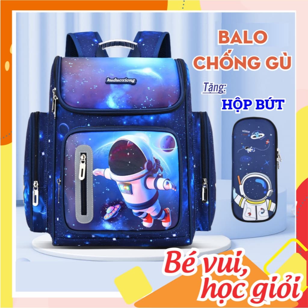 [TẶNG HỘP BÚT] Balo chống gù, cặp chống nước, ba lô học sinh cấp 1 cấp 2 hình phi hành gia ngân hà