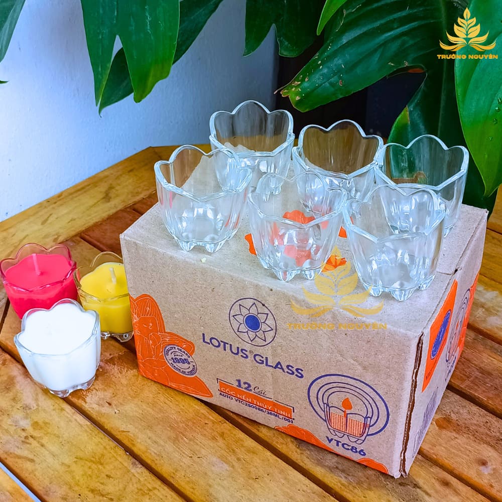 Hộp 12 Ly Thủy Tinh Hoa Mai, Nến Múi, Tặng Kèm 12 Bấc Làm Nến Thờ Cúng, Nguyên Liệu Làm Nến