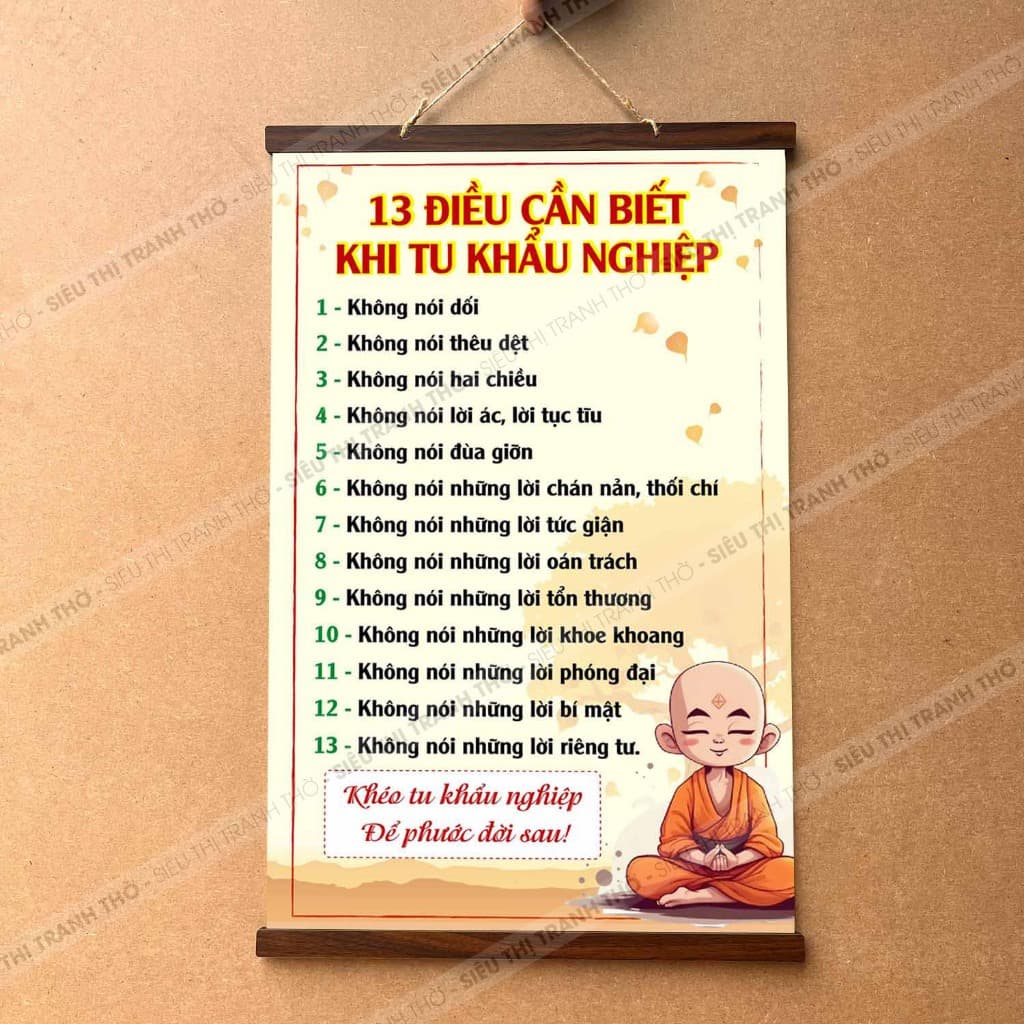 Tranh chữ 13 Điều Cần Biết Khi Tu Khẩu Nghiệp treo tường nẹp gỗ 40x60cm bằng vải phủ bóng cao cấp dày dặn
