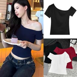 [VẢI COTTON MỊN] Áo Thun Nữ Ôm Lệch Vai Basic đơn giản vải Cotton 4 chiều co giãn mát m819 2