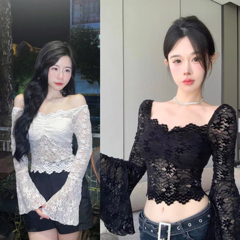 (CÓ ĐỆM) Áo Ren Dài Ôm Xuyên Thấu Quyến Rũ tay loe thời trang nữ m804