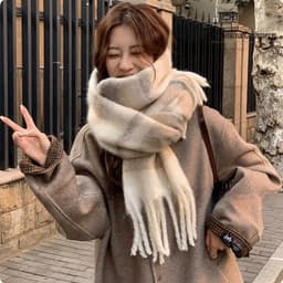 Khăn quàng cổ len mềm mại, kẻ caro xám nhạt, ấm áp, phong cách Vintage Hàn Quốc BNT01 4