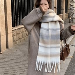 Khăn quàng cổ len mềm mại, kẻ caro xám nhạt, ấm áp, phong cách Vintage Hàn Quốc BNT01 3