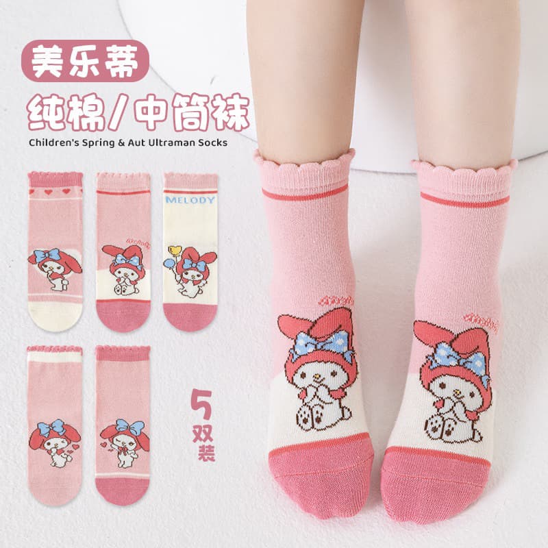 T01 Set 5 đôi tất họa tiết MELODY cổ cao sợi bông mềm mại thoáng khí khử mùi cho bé