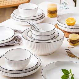 Bộ bát đĩa chén đĩa đẹp sét 21 chi tiết , tặng kèm 1 đĩa cá siêu đẹp hoa văn hoạ tiết trắng viền đen cao cấp 6