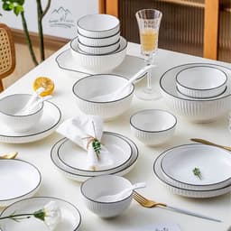 Bộ bát đĩa chén đĩa đẹp sét 21 chi tiết , tặng kèm 1 đĩa cá siêu đẹp hoa văn hoạ tiết trắng viền đen cao cấp 5