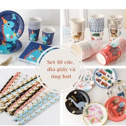 Set 10 cốc, đĩa và ống hút họa tiết nhiều chủ đề trang trí sinh nhật 1