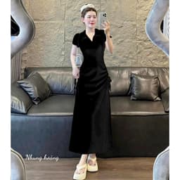 Đầm maxi thời trang nữ chất thun gân tay ngắn cổ sơ mi 2 bên dây rút eo váy đuôi cá dài thiết kế sang trọng 6