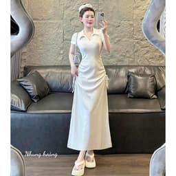 Đầm maxi thời trang nữ chất thun gân tay ngắn cổ sơ mi 2 bên dây rút eo váy đuôi cá dài thiết kế sang trọng 2