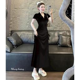 Đầm maxi thời trang nữ chất thun gân tay ngắn cổ sơ mi 2 bên dây rút eo váy đuôi cá dài thiết kế sang trọng 7